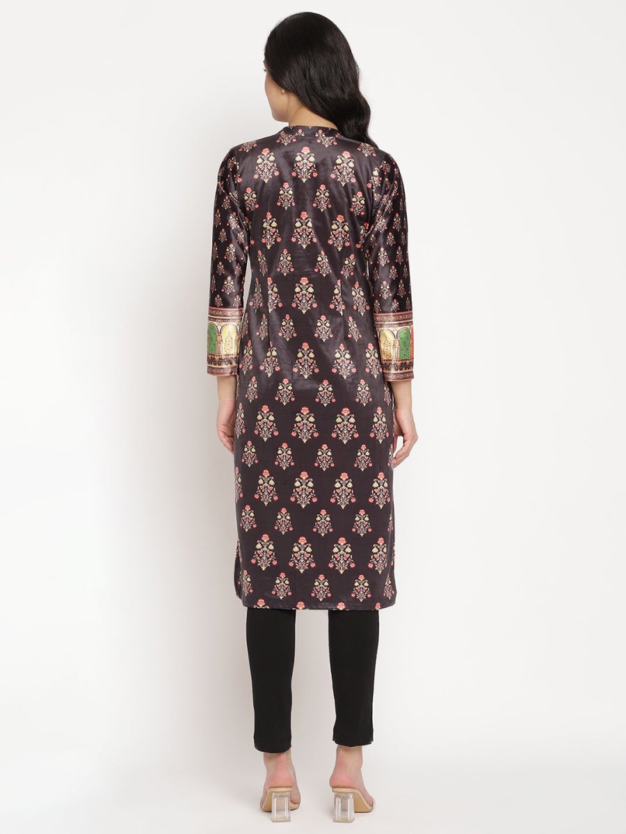 Ahalyaa Women's Black Color Digital Print Velvet Kurta