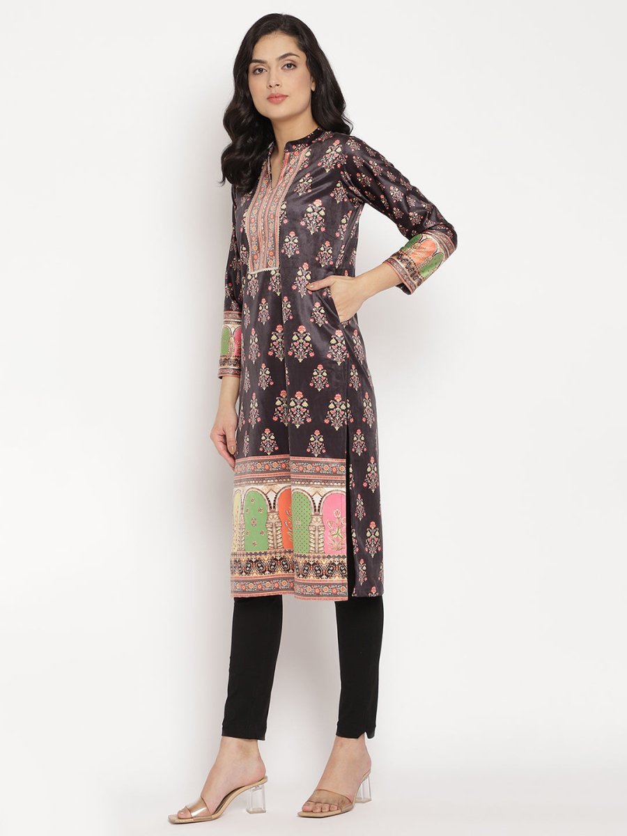 Ahalyaa Women's Black Color Digital Print Velvet Kurta