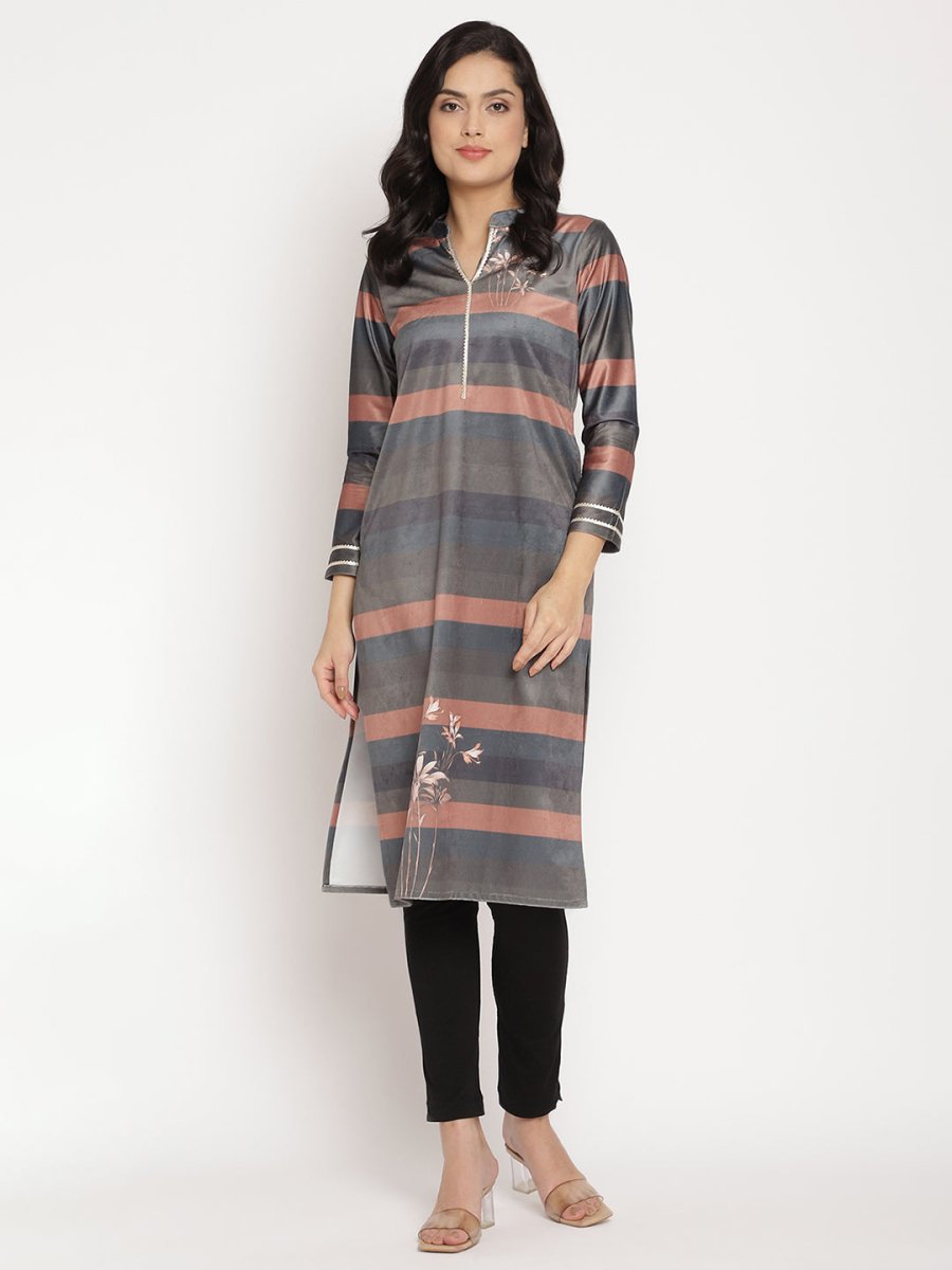 Ahalyaa Women's Multi Color Stripe Digital Print Velvet Kurta