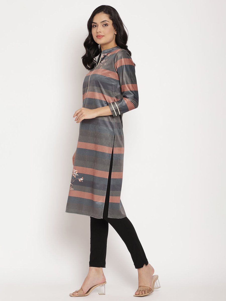 Ahalyaa Women's Multi Color Stripe Digital Print Velvet Kurta