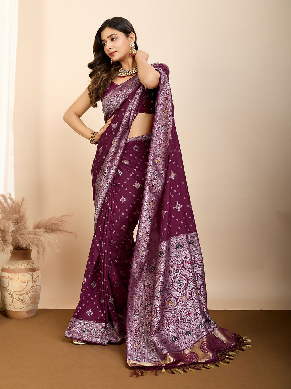 Wine Soft Silk Woven Meenakari Designer Saree - Vedanti