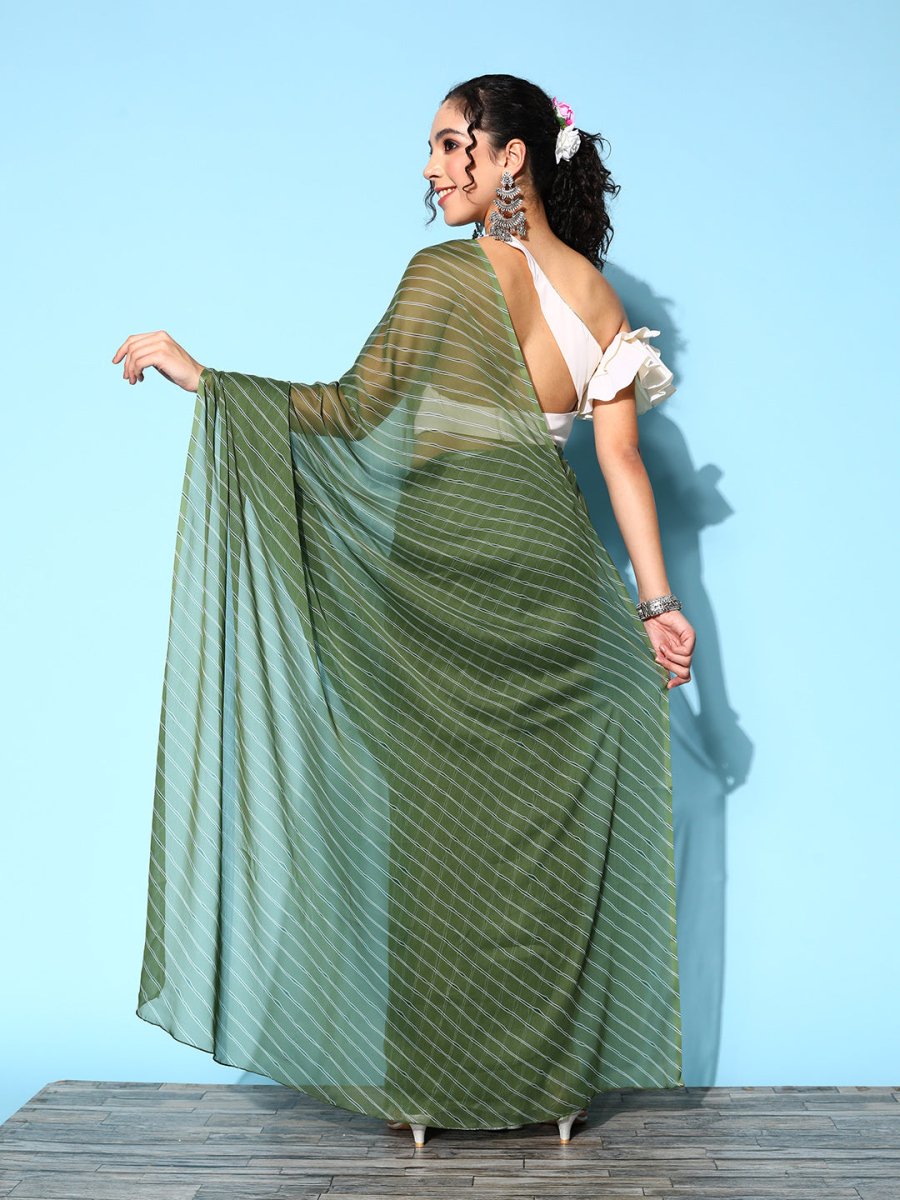 Ahalyaa Green & White Leheriya Saree