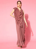 Ahalyaa Rusty Rose & Golden Woven Design Ready to Wear Saree