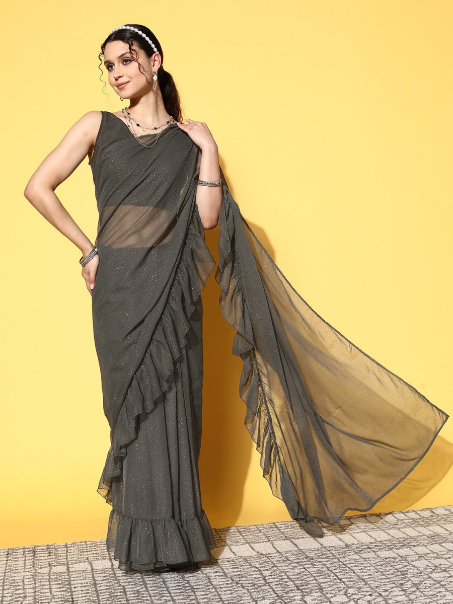 Ahalyaa Women Glitter Print Ruffle Saree