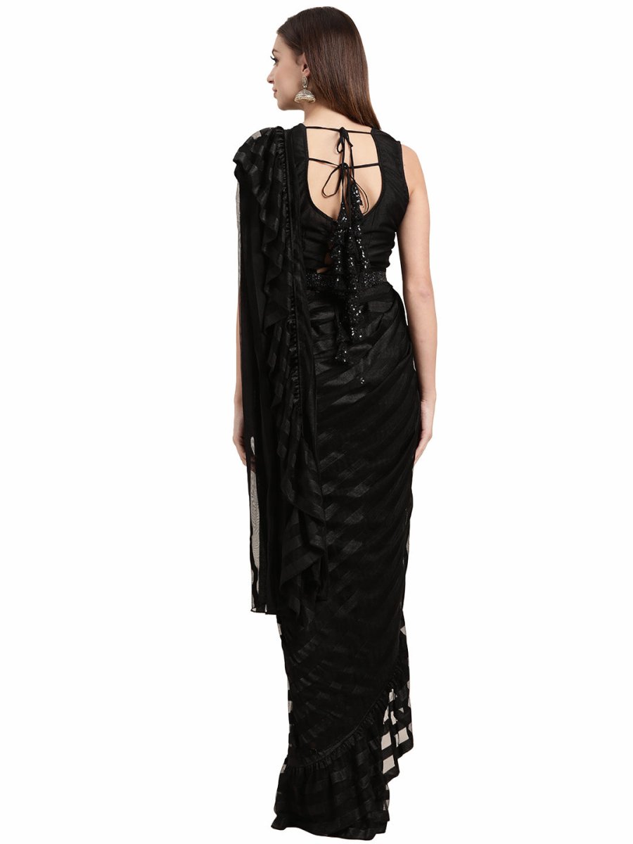 Ahalyaa Black Self-Striped Ruffled Ready to Wear Saree Set