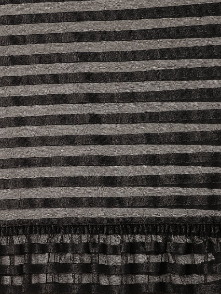 Ahalyaa Black Self-Striped Ruffled Ready to Wear Saree Set
