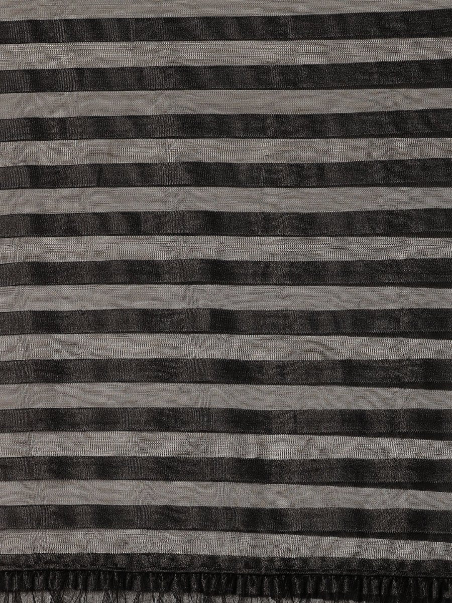 Ahalyaa Black Self-Striped Ruffled Ready to Wear Saree Set