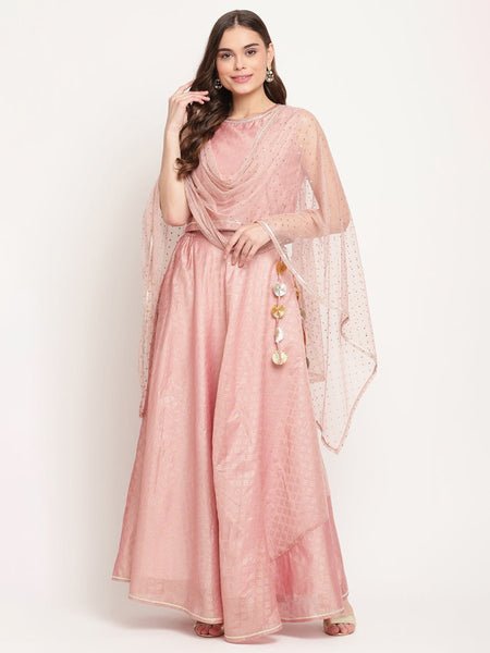 Ahalyaa Women Rusty Rose Chanderi Gold Foil Prin Lehenga Choli With Dupatta