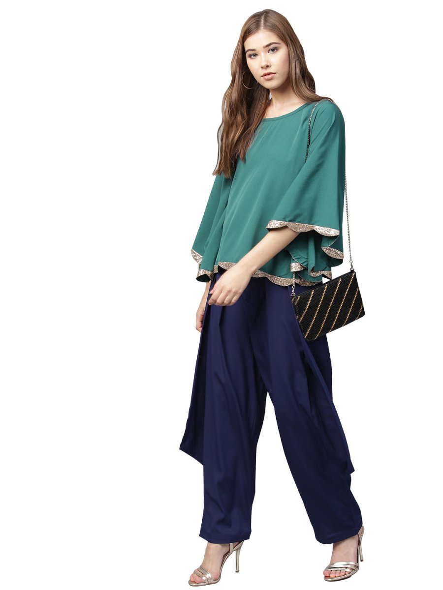 Ahalyaa Indo Western Sea Green Cape With Drape Pant