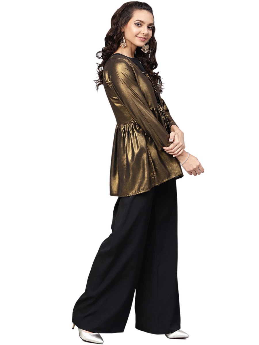 Ahalyaa Golden Flared Crepe, Georgette Indowestern Set