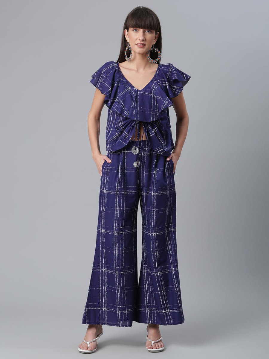 Ahalyaa Navy Blue & Off-White Pure Cotton Checked Top with Palazzo