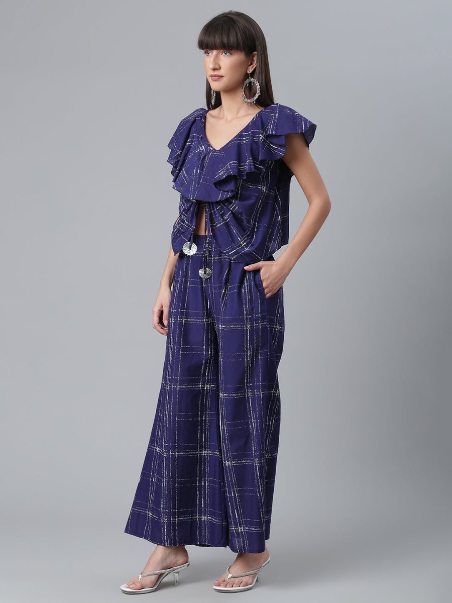 Ahalyaa Navy Blue & Off-White Pure Cotton Checked Top with Palazzo