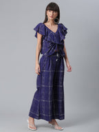 Ahalyaa Navy Blue & Off-White Pure Cotton Checked Top with Palazzo