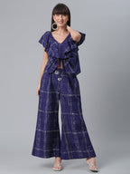 Ahalyaa Navy Blue & Off-White Pure Cotton Checked Top with Palazzo