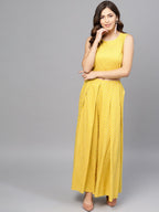 Ahalyaa Yellow & Pink Printed Crop Top with Palazzos & Ethnic Jacket