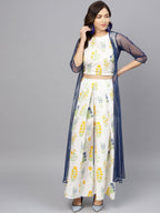Ahalyaa Women White & Blue Printed Crop Top with Palazzos & Ethnic Jacket