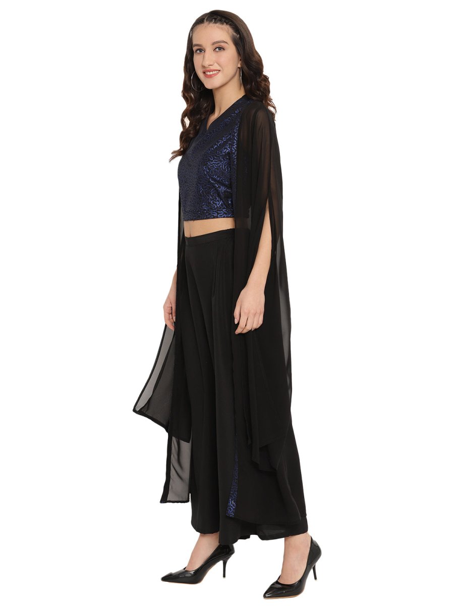 Ahalyaa Women Black & Blue Printed Crop Top With Palazzos & Jacket