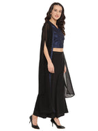 Ahalyaa Women Black & Blue Printed Crop Top With Palazzos & Jacket