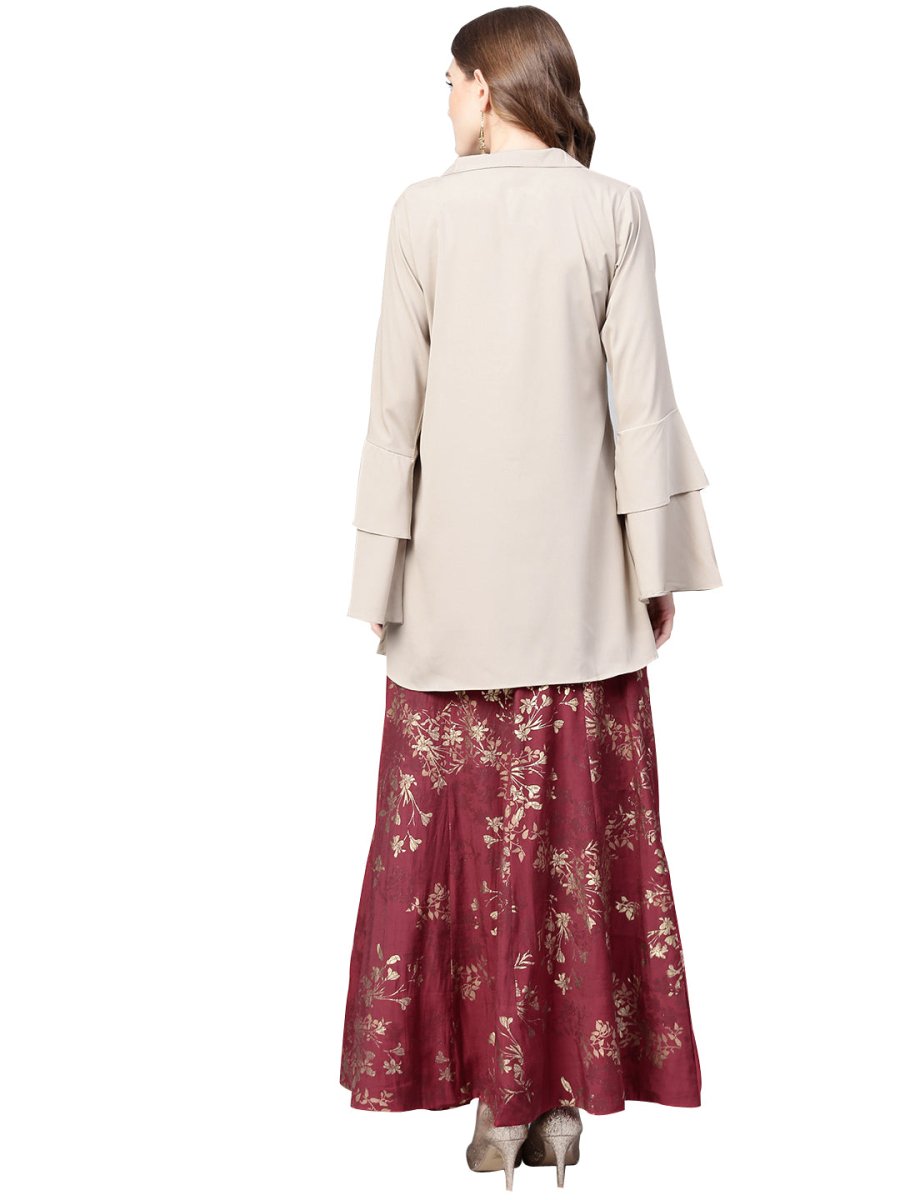 Ahalyaa Indowestern Beige & Maroon Shirt With Skirt Set