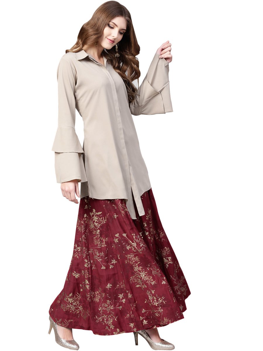 Ahalyaa Indowestern Beige & Maroon Shirt With Skirt Set