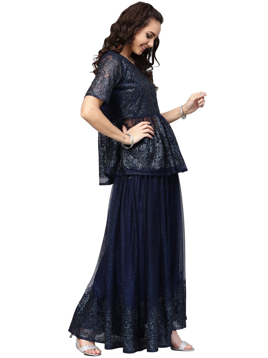 Ahalyaa Navy Blue Peplum Net Indowestern Set