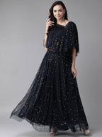 Ahalyaa Women Navy Blue & Silver Foil Print Layered Top with Skirt