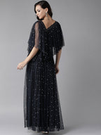 Ahalyaa Women Navy Blue & Silver Foil Print Layered Top with Skirt