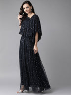 Ahalyaa Women Navy Blue & Silver Foil Print Layered Top with Skirt