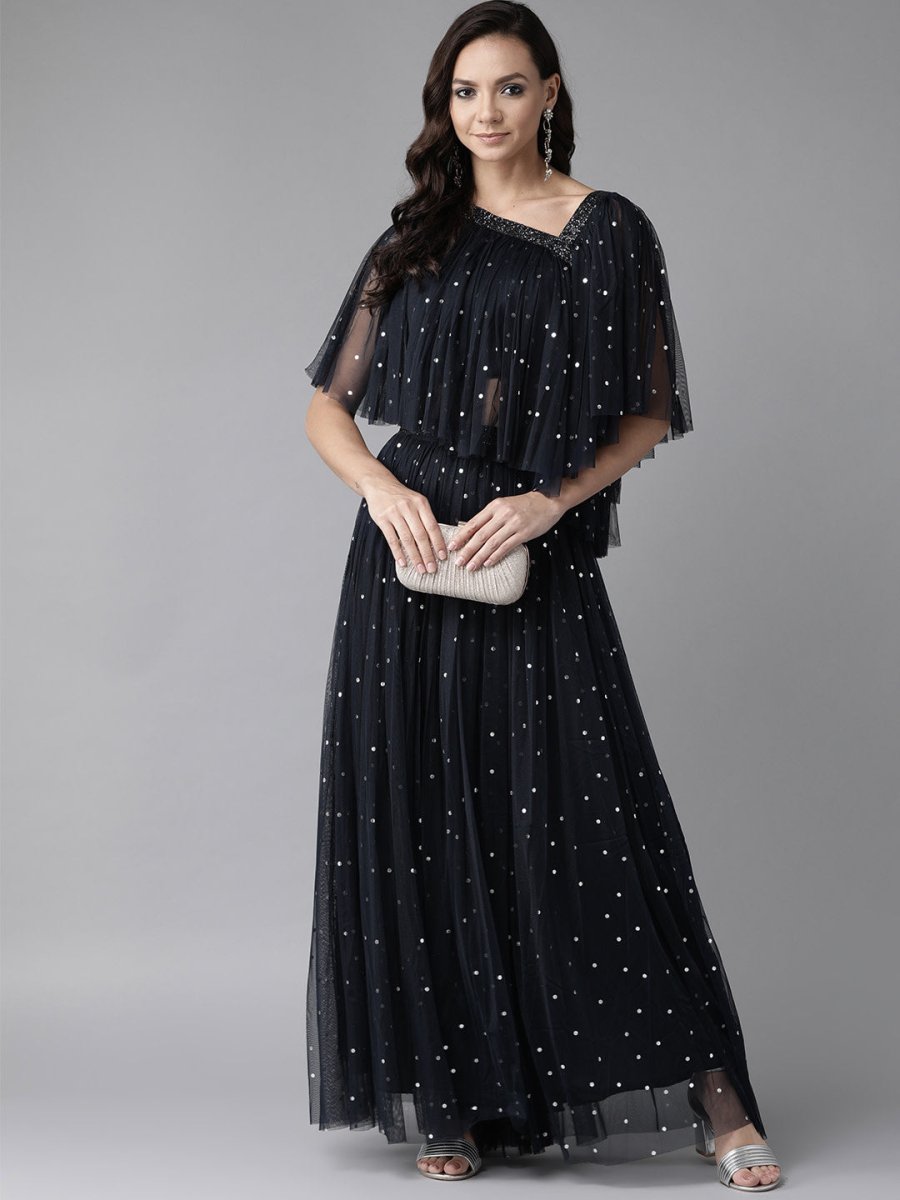 Ahalyaa Women Navy Blue & Silver Foil Print Layered Top with Skirt