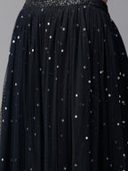 Ahalyaa Women Navy Blue & Silver Foil Print Layered Top with Skirt