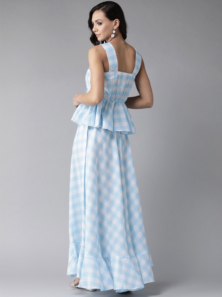Ahalyaa Women Blue & White Checked Peplum Top with Skirt