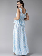 Ahalyaa Women Blue & White Checked Peplum Top with Skirt
