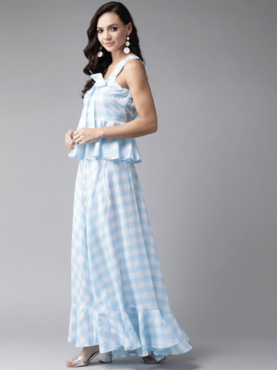Ahalyaa Women Blue & White Checked Peplum Top with Skirt