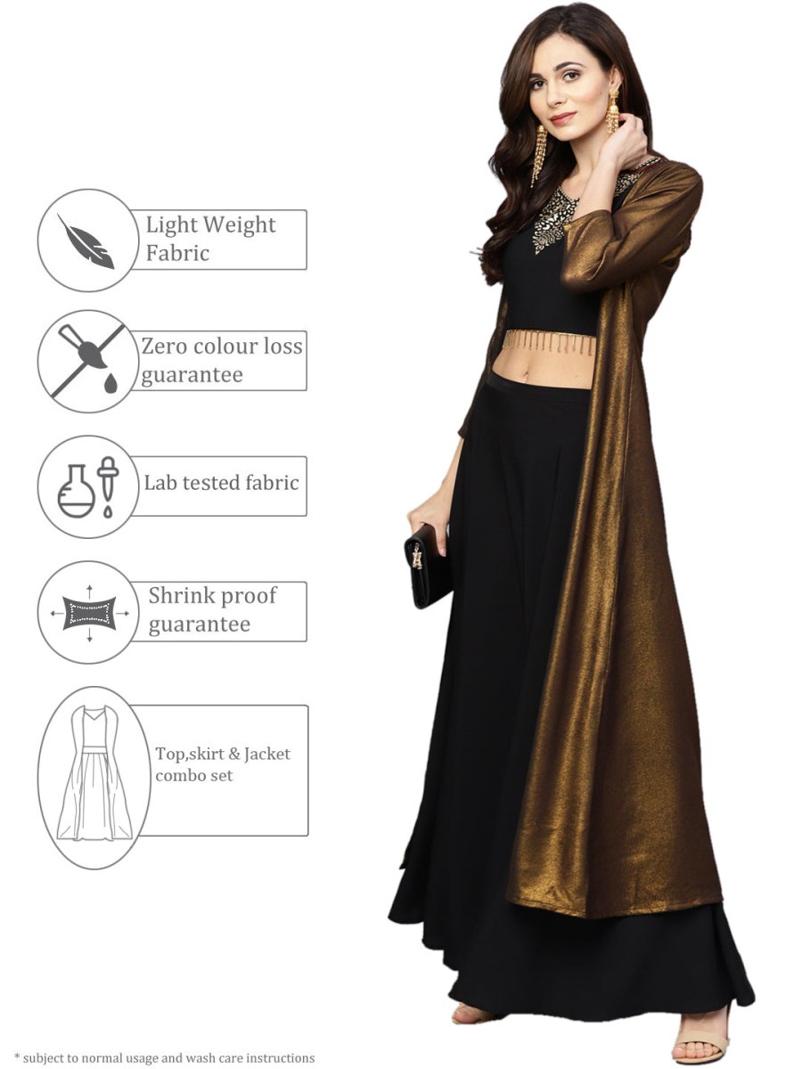 Ahalyaa Black Golden Straight Crepe & Georgette Kurta Set