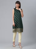 Ahalyaa Chanderi Dark Green Foil Gold Printed Kurti