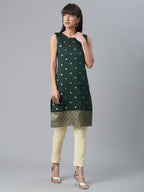 Ahalyaa Chanderi Dark Green Foil Gold Printed Kurti