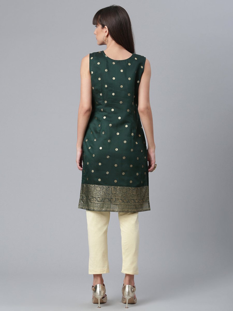 Ahalyaa Chanderi Dark Green Foil Gold Printed Kurti