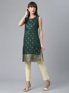 Ahalyaa Chanderi Dark Green Foil Gold Printed Kurti