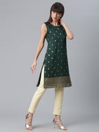 Ahalyaa Chanderi Dark Green Foil Gold Printed Kurti