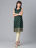 Ahalyaa Chanderi Dark Green Foil Gold Printed Kurti