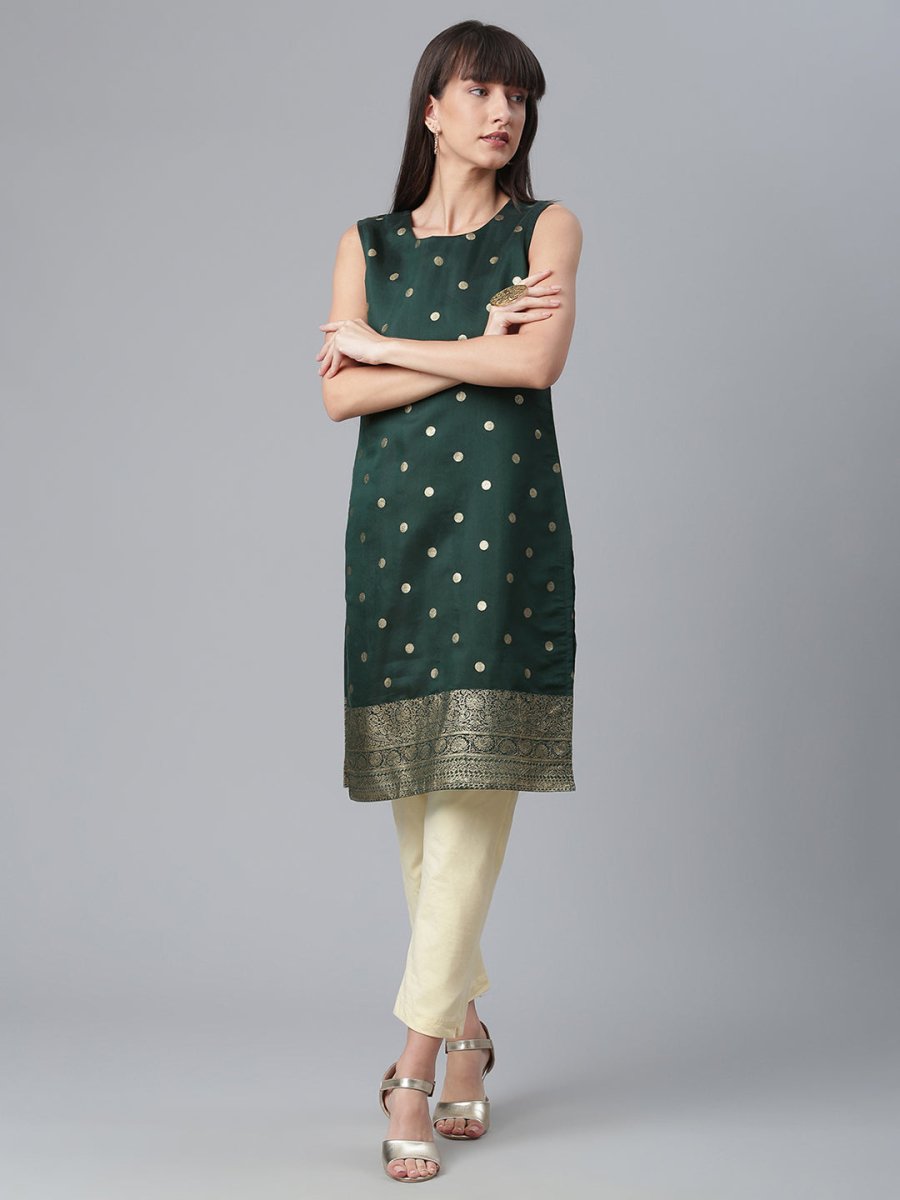 Ahalyaa Chanderi Dark Green Foil Gold Printed Kurti