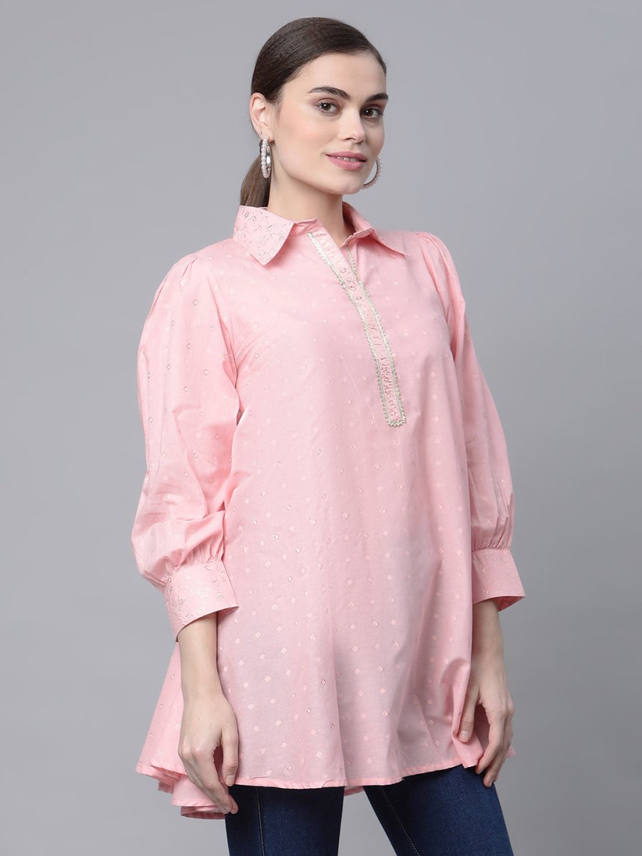 Ahalyaa Women Baby Pink Pure Cotton Printed Tunic