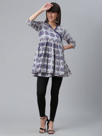 Ahalyaa Women Blue & Off-White Printed Angrakha Beautiful Tunic