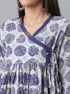 Ahalyaa Women Blue & Off-White Printed Angrakha Beautiful Tunic