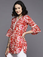Ahalyaa Floral Printed Bell Sleeves Tunic With Lace Inserts