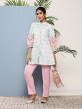 Ahalyaa Sea Green & Pink Mandarin Collar Printed Tunic