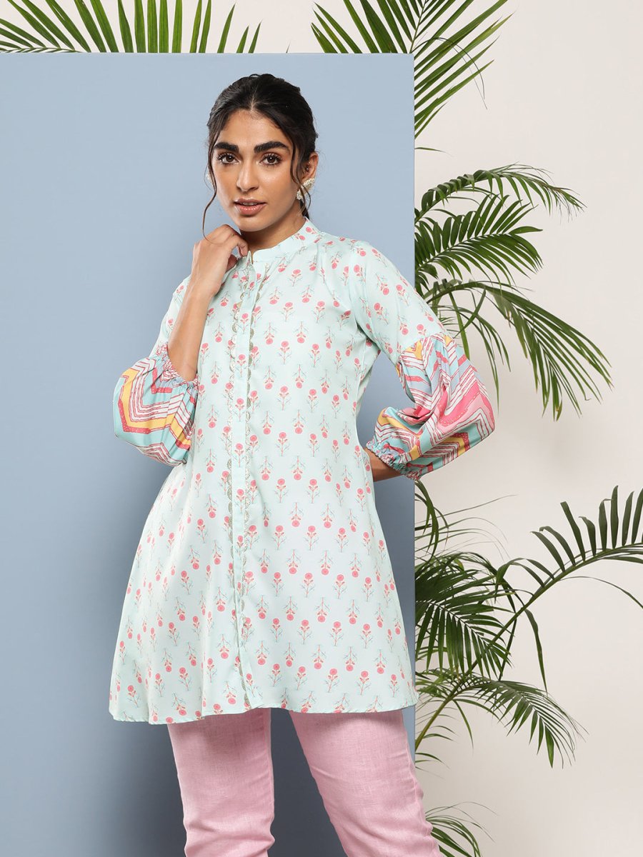 Ahalyaa Sea Green & Pink Mandarin Collar Printed Tunic