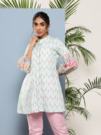 Ahalyaa Sea Green & Pink Mandarin Collar Printed Tunic
