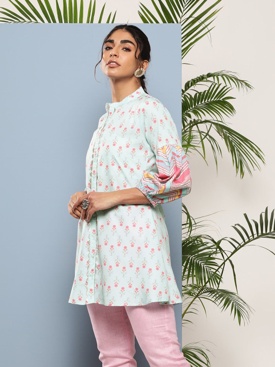 Ahalyaa Sea Green & Pink Mandarin Collar Printed Tunic