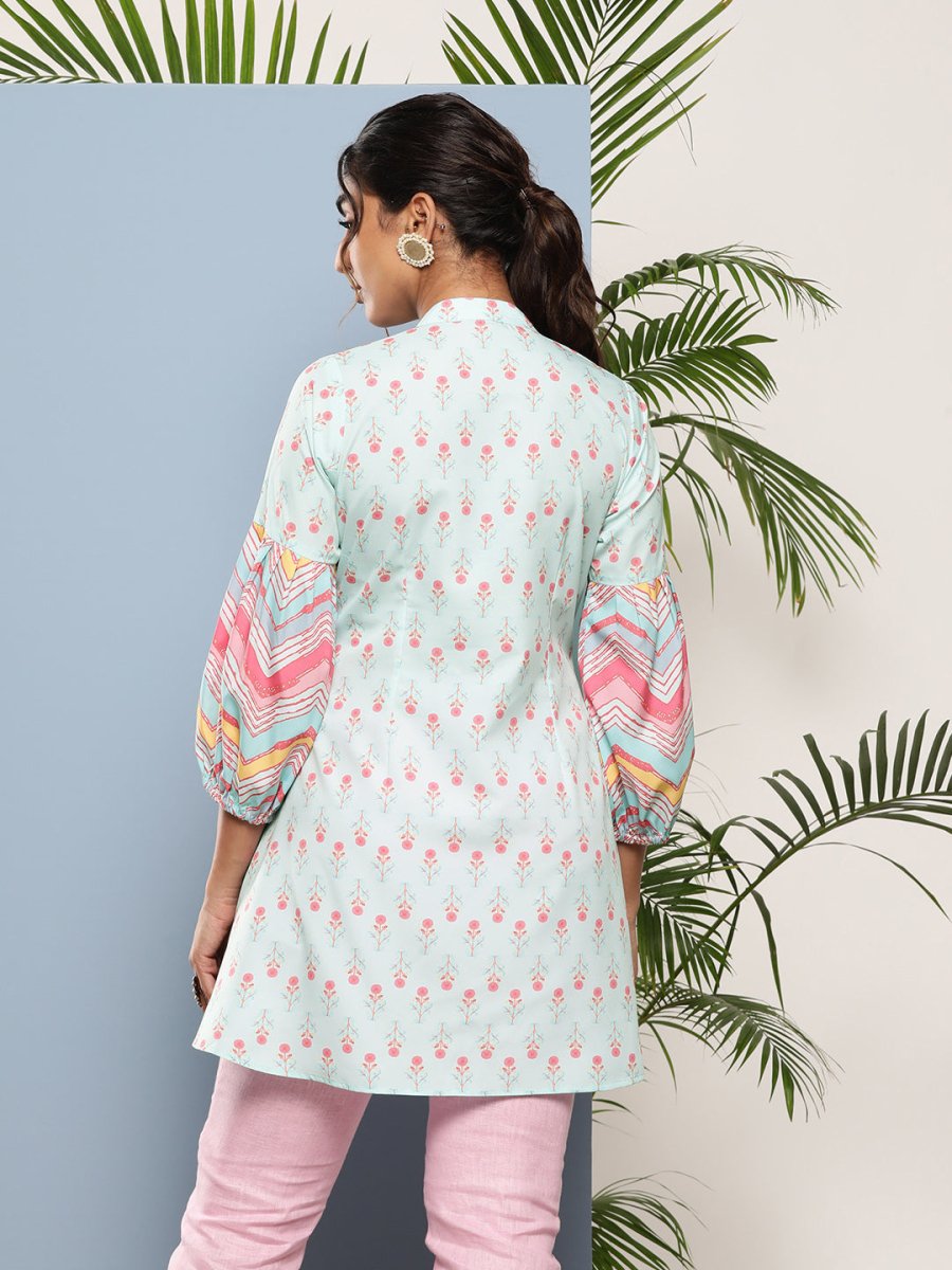 Ahalyaa Sea Green & Pink Mandarin Collar Printed Tunic
